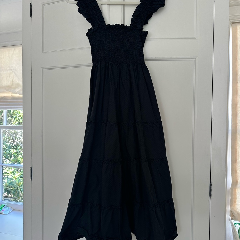 Hill House “Ellie Nap Dress” Black Dot Ruffled Dress